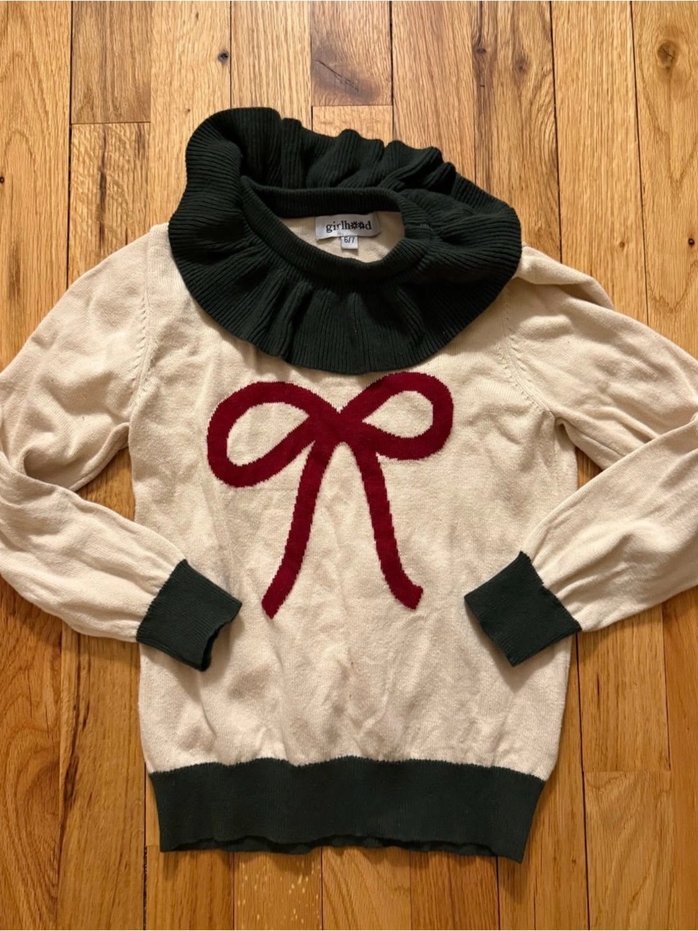 Girls' Cream Bow-Front Sweater with Dark Green Ruffled Turtleneck